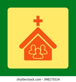 Church vector icon. Style is flat rounded square button, orange and yellow colors, green background.