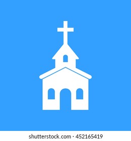 Church vector icon. White Illustration isolated on blue background for graphic and web design.