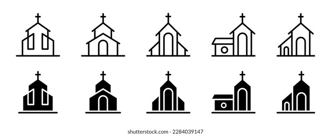 Iconos vectoriales de la iglesia. Icono de construcción de iglesia. Símbolos de la capilla. Colección de siluetas de la iglesia. EPS 10