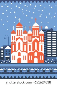 Church. Vector illustration for religion architecture design. Cartoon church building silhouette with cross, chapel. Flat winter landscape. Orthodox holy traditional symbol.