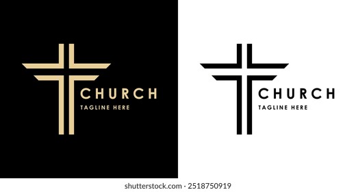 Church vector logo design with christian cross, gold christian symbol.