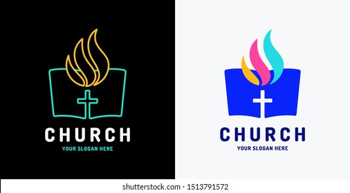 Church Vector Logo. The Open Bible And Holy Spirit Fire Flame.