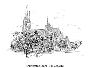 Church of the Vow. Rooseveltplatz. Vienna, Austria. Hand drawn sketch vector illustration.