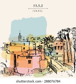 Church, walls and palm trees in Akko, Israel. Grungy black ink brush outline drawing. Postcard template. Freehand travel sketch background with copy space for text. Hand lettered title