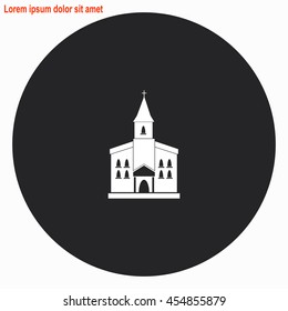 Church web icon. Gray circle button with white illustration.