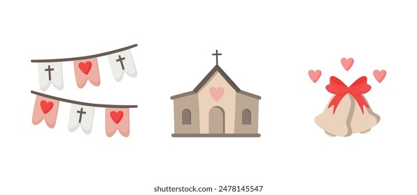 Church for the wedding ceremony, Bells with hearts, Flags on the wedding party