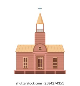 Church of wild west architecture, isolated exterior of house of prayer and Christian service. Vector flat cartoon, facade of place for Christians and mass, wooden construction with cross