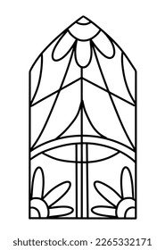 Church window with gothic mosaic and flowers. Vector outline illustration