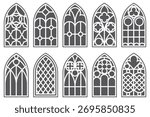 Church windows with arched frames. Cathedral gothic stained glass. Old architecture elements. Medieval castle doors silhouettes isolated on white background. Catholic interior decoration.