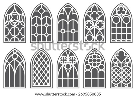 Church windows with arched frames. Cathedral gothic stained glass. Old architecture elements. Medieval castle doors silhouettes isolated on white background. Catholic interior decoration.