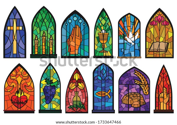 Church windows cartoon set icon. Isolated\
cartoon set icon cathedral mosaic.Vector illustration church\
windows on white\
background.