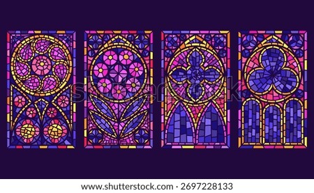 Church windows with gothic arch and colored stained glass. Cathedral frames with floral pattern. Medieval antique architecture with mosaic decoration and fantasy ornament