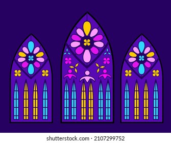Church windows. Mosaic cathedral artwork view, vector. Gothic interior decoration.. 