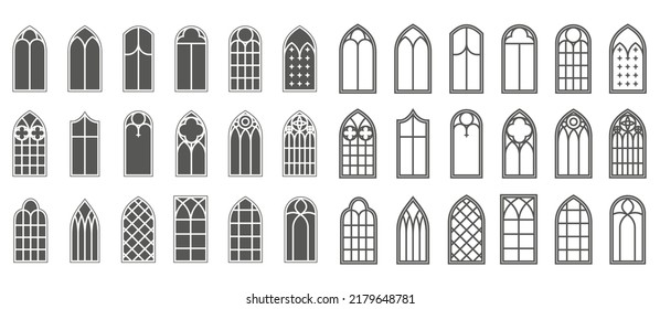 Church windows set. Silhouettes of gothic arches in line and glyph classic style. Old cathedral glass frames. Medieval interior elements. Vector