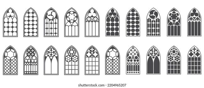 Church windows set. Silhouettes of gothic arches in line and glyph classic style. Old cathedral glass frames. Medieval interior elements. Vector