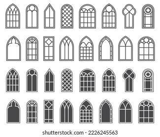 Church windows set. Silhouettes of gothic arches in line and glyph classic style. Old cathedral glass frames. Medieval interior elements. Vector illustration.