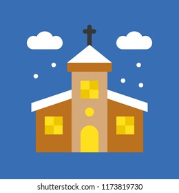 church in winter season and ice on rooftop, Merry Christmas filled icon set