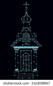 Church wireframe with glowing lights from blue lines isolated on dark background. Front view. Vector illustration.
