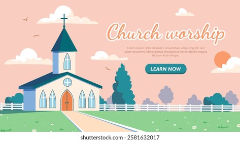 Church worship banner. Religion, faith and belief. Christianity and Catholicism. Spiritual cathedral or chapel. Holy place. Landing webpage design. Flat vector illustration