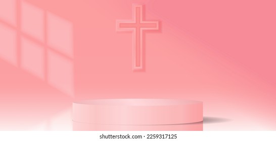 churches background with pink, crucifix pink realistic cylinder stand podium. Vector geometric form. Pastel minimal wall scene.