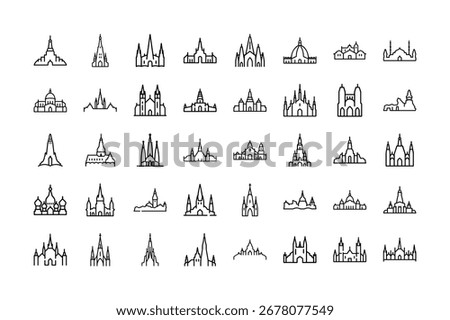 Churches and Cathedrals World Landmark Collection and Line Art Vector Icon Set.