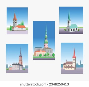 Churches clip-art set on white background. Vector art illustration