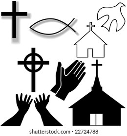 Churches, crosses, holy spirit dove, fish symbol, hands praying and in supplication, as a Christian Symbol Icons Set.