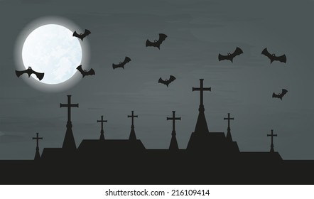 churches in the night with bats and moon, haloween, vector