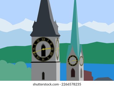 Churches St. Peter and Women's Minster at the old town of Swiss City of Zürich with Lake Zürich and Lake Zürich in the background. Illustration made February 24th, 2023, Zurich, Switzerland.