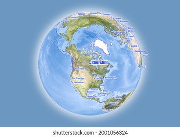 Churchill-Canada is shown on vector globe map. The map shows Churchill-Canada 's location in the world.