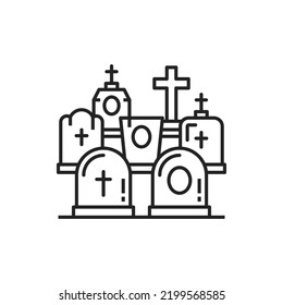 Churchyard with rest in peace stones, crosses and tombstones isolated monochrome outline icon. Vector burial and death funerary monuments, cemetery, Halloween graves. Headstones, creepy graves