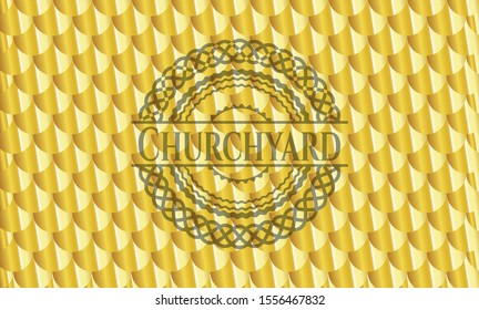 Churchyard shiny golden badge. Scales pattern. Vector Illustration. Detailed.