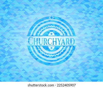 Churchyard sky blue emblem with mosaic background. 