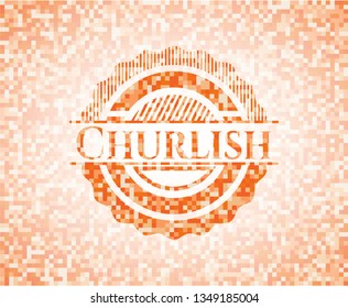 Churlish orange tile background illustration. Square geometric mosaic seamless pattern with emblem inside.