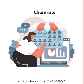 Churn rate analytics concept. Woman studying customer retention metrics on a computer screen. Business analysis, graph visualization, and feedback tracking. Flat vector illustration