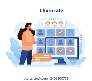 Churn rate analytics showcased. Woman reviews user classifications on a digital screen, monitoring retention and customer behavior. Analyzing visitors, members, buyers data. Flat vector illustration