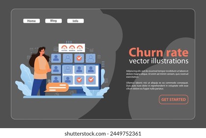 Churn rate analytics showcased. Woman reviews user classifications on a digital screen, monitoring retention and customer behavior. Analyzing visitors, members, buyers data. Flat vector illustration