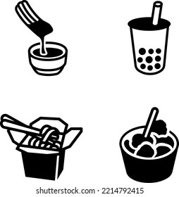 churro, boba, noodle, chicken vector icons