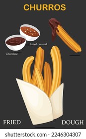 Churro Frito. Palo de churro en una bolsa de papel. Tradicional churros de postres españoles con azúcar, chocolate y salsa de caramelo salada ilustración vectorial.