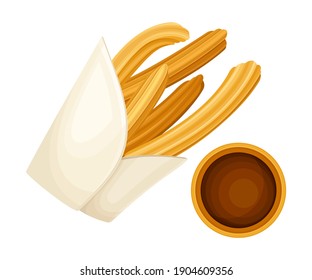 Churro as Fried-dough Pastry with Hot Chocolate as Mexican Cuisine Dessert Vector Illustration