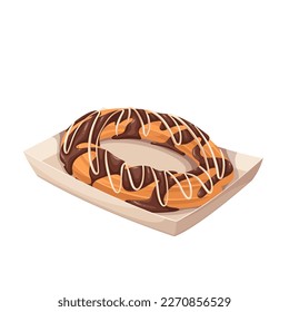 Churro in paper box vector illustration. Cartoon isolated bakery packaging with hot cake for breakfast and coffee, delicious fried churro snack with cream chocolate sauce and sugar icing decoration