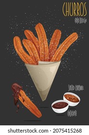 Churro stick in apaper bag. Churro - Fried dough. Traditional Spanish dessert churros with sugar, chocolate and salted caramel sauce. Vector illustration