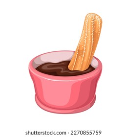 Palo de churro en taza con chicle ilustrado vectorial con salsa de chocolate. Cuenco aislado de dibujos animados de choco líquido marrón con pastel caliente tradicional de cocina mexicana y española, delicioso postre de churro