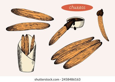 Churros y tazón con chocolate caliente dibujado a mano grabado boceto. Set con postre tradicional mexicano y español vintage, panadería, dulces. Ilustración de la comida del Vector en el fondo aislado para el menú, tarjeta