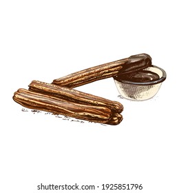 Churros and bowl with hot chocolate. Vector vintage hatching color illustration. Isolated on white background. Hand drawn design for menu traditional spanish dessert.