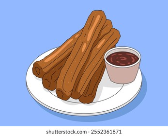 Churros y delicias de chocolate: una tentadora ilustración de churros recién fritos en un plato blanco, rociados con una rica salsa de chocolate, perfecto para mostrar la dulce indulgencia de la cocina española.