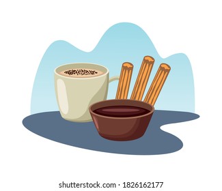 churros with chocolate drink and sauce sweet mexican food vector illustration design