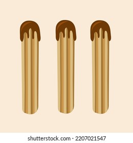 Churros con salsa de chocolate ilustración vectorial plana. Iglesias cutáneos con salsa de chocolate ilustración vectorial de dibujos animados para diseño gráfico y elemento decorativo