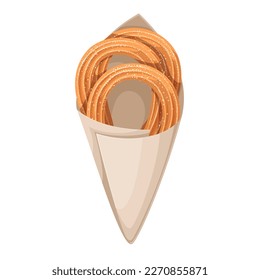 Churros in cone paper bag vector illustration. Cartoon isolated churro sticks in sugar powder cover, group of sweet crunchy traditional cookies of Portuguese and Spanish cuisine and street food
