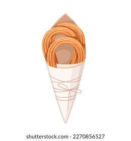 Churros in cone paper bag vector illustration. Cartoon isolated curve churro sticks in package tied with string, Spanish and Mexican traditional cake, food snack and brown fried breakfast dessert